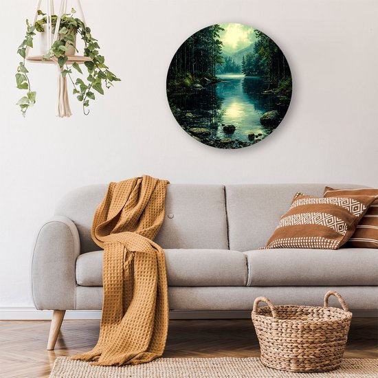 Spiegelend meer in boslandschap - Natuur muurcirkels - Rond wandpaneel meer - Realisme kunststroming - Wandobject Forex rond - Slaapkamer wandkunst - muurcirkel forex 80x80 cm