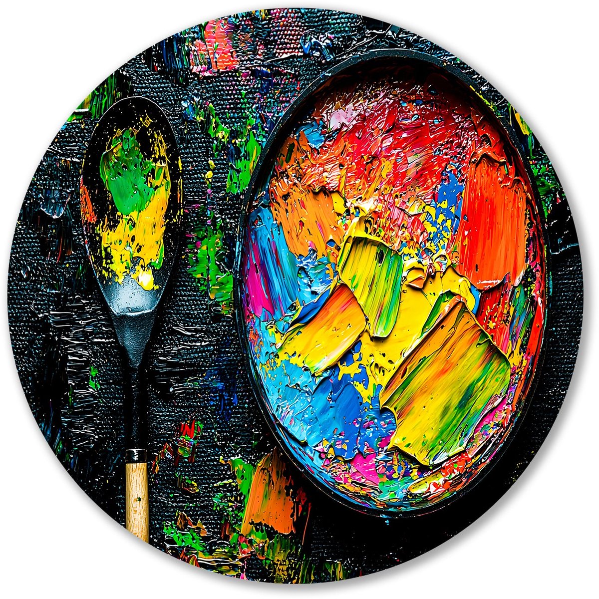 Abstracte kleurrijke kunst op zwart - Kleur muurcirkel - Wandschaal verf - Abstract expressionisme - Forex design muurcirkel - Kunst aan de muur - muurcirkel forex 40x40 cm