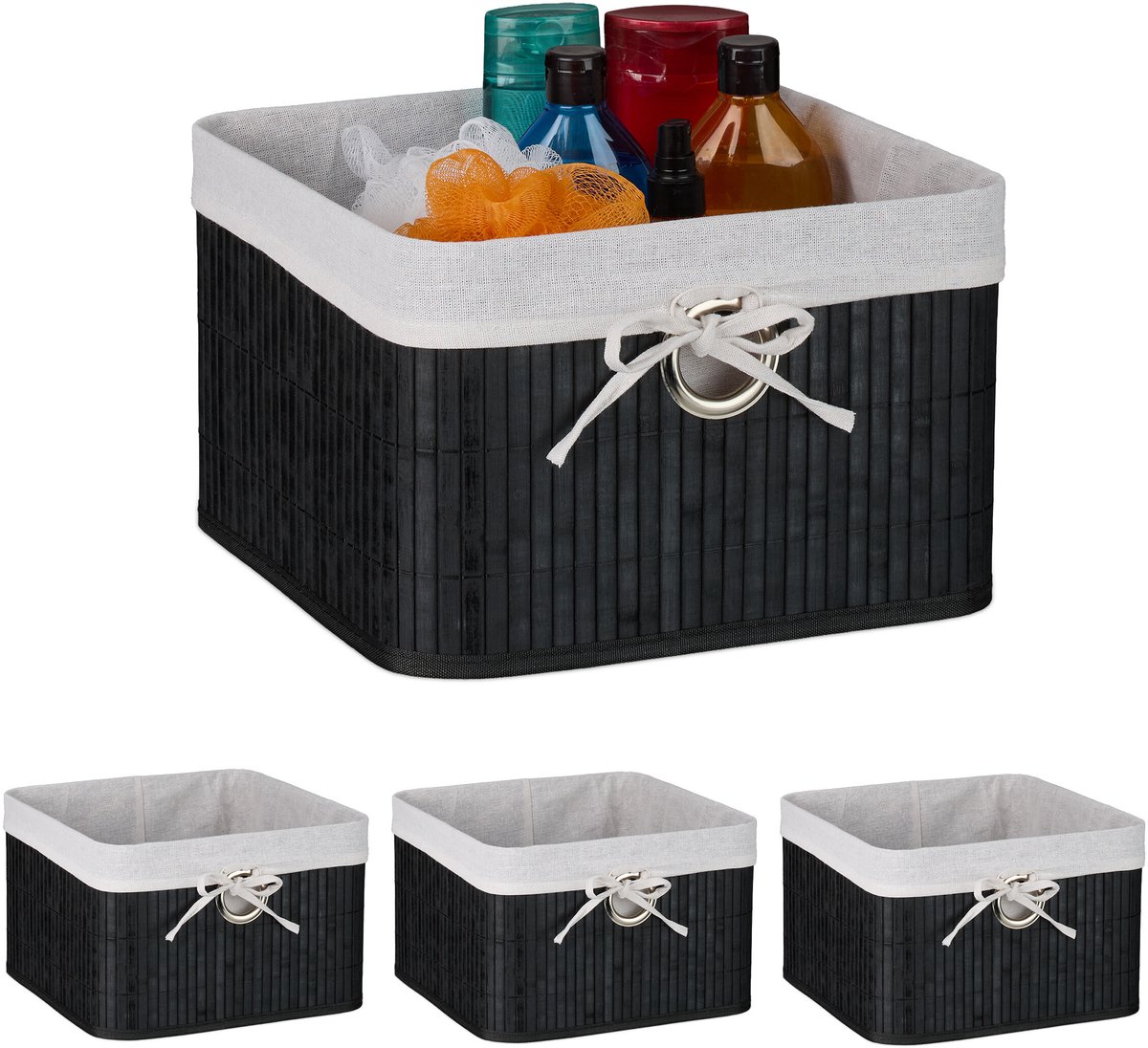opbergmand bamboe - set van 4 - 20 x 31 x 31 cm - badkamer - zwart