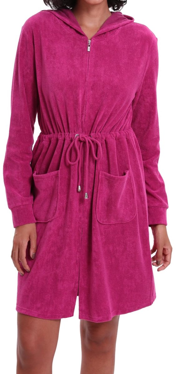 Ibenzoa Comfortabele damesbadjas met capuchon, ritssluiting en verstelbare taille voor perfecte pasvorm roze