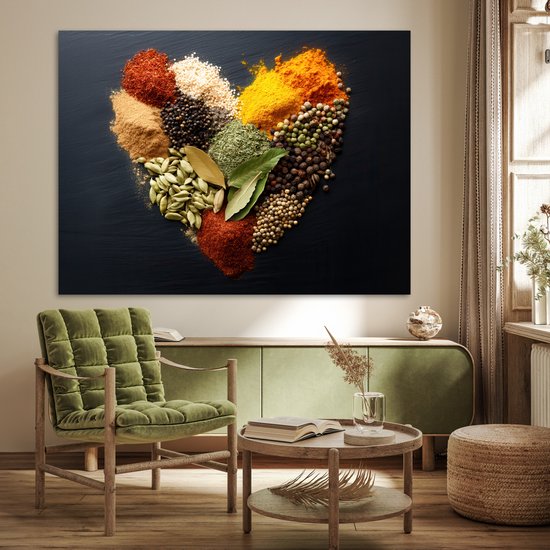 Poster 160x120 cm - Specerijen - Mix - Hartvorm - Zwart - Posters - Kamer decoratie - Wanddecoratie woonkamer - Muurdecoratie slaapkamer XXL