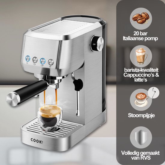 Zilverkleurige espressomachine met 'barista-kwaliteit Cappuccino's & latte's' tekst.
