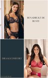 Model in zwarte kanten bh en slip, met tekst "BENADRUKT DE BUSTE".
