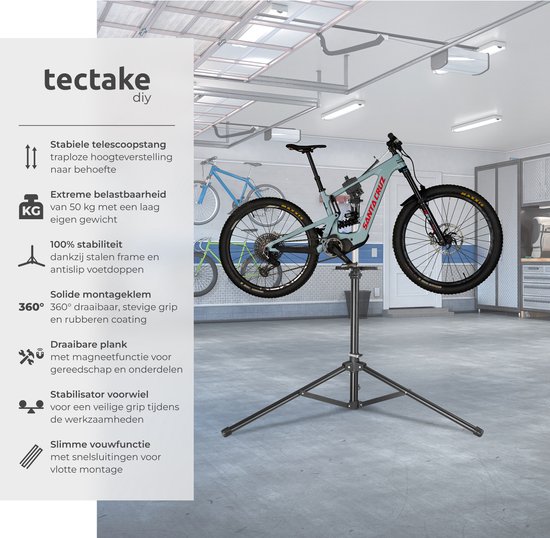 tectake® Fiets Montagestandaard - Fietsenstandaard - Fietslift - E-Bike & Fiets Reparatiestandaard - Geschikt voor alle soorten Fietsframes - Traploos Verstelbaar (117 - 180 cm) en 360° draaibaar - met Magnetische Gereedschapsbak van Tectake — afbeelding 5