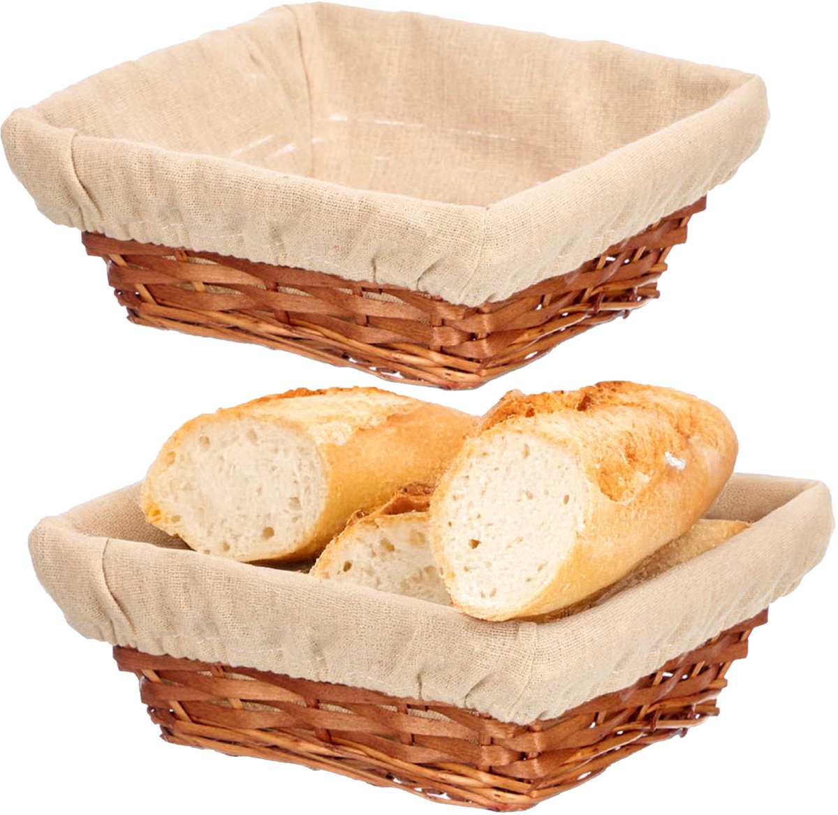 Kipit Broodmandje met stof - 2x - riet/canvas - bruin - 23 x 9 cm - landelijke stijl - Broodjes serveren
