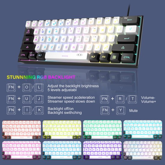 60 Procent Toetsenbord, 61 Toetsen Ergonomisch Toetsenbord, LED-achtergrondverlichting Gamingtoetsenbord, Mechanisch Gevoel Bedraad Gamingtoetsenbord voor Kantoorzaken (WHITE