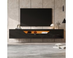 Pugsdrly tv-kast met zwevend hangbord 180 × 37 × 36 cm zwart + originele houtkleur hoogglans met 2 opbergvakken en 1 neerwaarts openend opbergvak met led-verlichting geschikt voor 75 inch tv wandmontage mogelijk