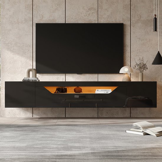 Pugsdrly TV-kast met Zwevend Hangbord 180 × 37 × 36 cm Zwart + Originele Houtkleur Hoogglans met 2 Opbergvakken en 1 Neerwaarts Openend Opbergvak met LED-verlichting Geschikt voor 75 Inch TV Wandmontage Mogelijk