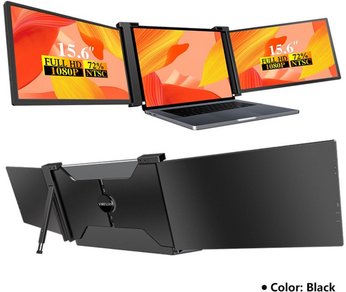 Virello® Portable Monitor Pro 2025 - 2x Full‑HD IPS 15,6″ scherm - Voor Laptops van 15.6" t/m 18.1" - Laptopscherm uitbreider - USB-C/USB-A & HDMI - Inclusief Hoes & Kabels - Zwart - 2 jaar garantie