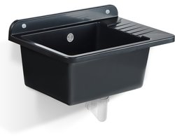 GOSPO Gootsteen van polystyreen, 50,5 x 34,5 cm, spoelbak met legplank, wastafel voor werkplaatsen, garages en bijkeuken (zwart, solo)