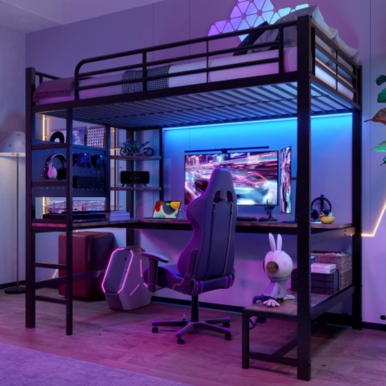 Lit mezzanine, 90 x 200 cm, structure en fer, bureau, rampe, marches, diverses étagères, avec prise USB + type-c, avec bande LED, avec étagère perforée, sans matelas, noir