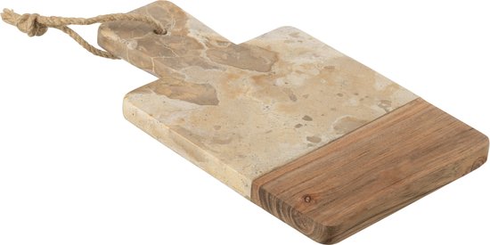 Planche à découper rectangulaire avec des parties en marbre et en bois, avec une corde.