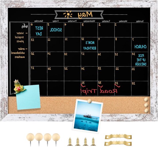 Foto: Allecto premium afveegbaar krijtbord en prikbord 33 cm x 43 cm magnetisch houtnerf zwarte kalender 2 in 1 functionaliteit