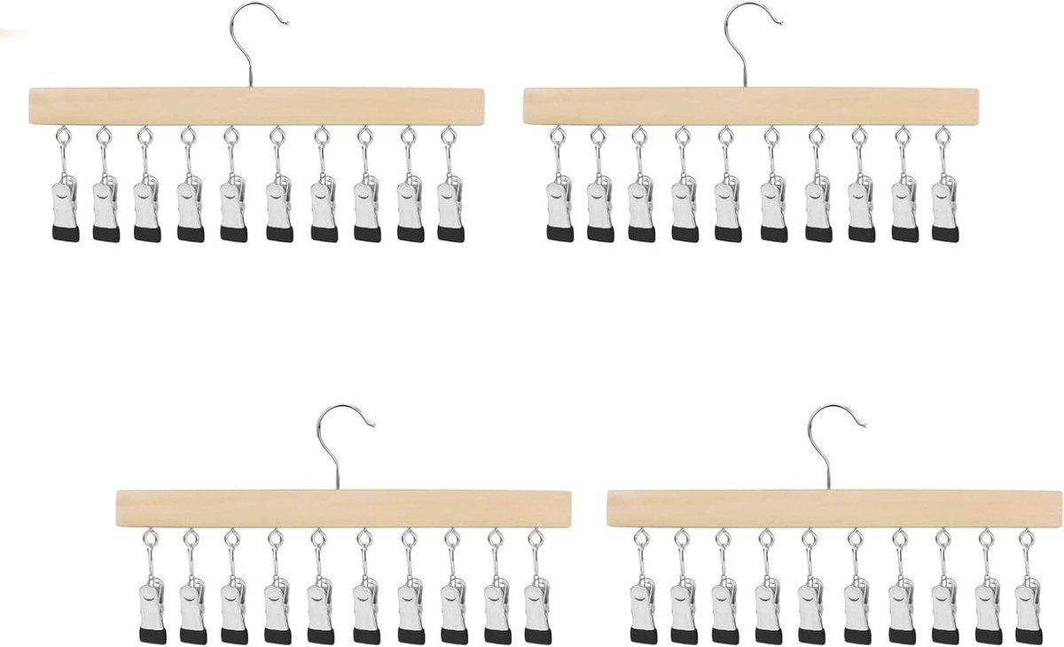 Allecto Premium - Houten Wasrek met 10 Clips en 360° Draaibare Haak - Pack van 4 Sokken Droger - Handdoekenrek - Kledinghanger