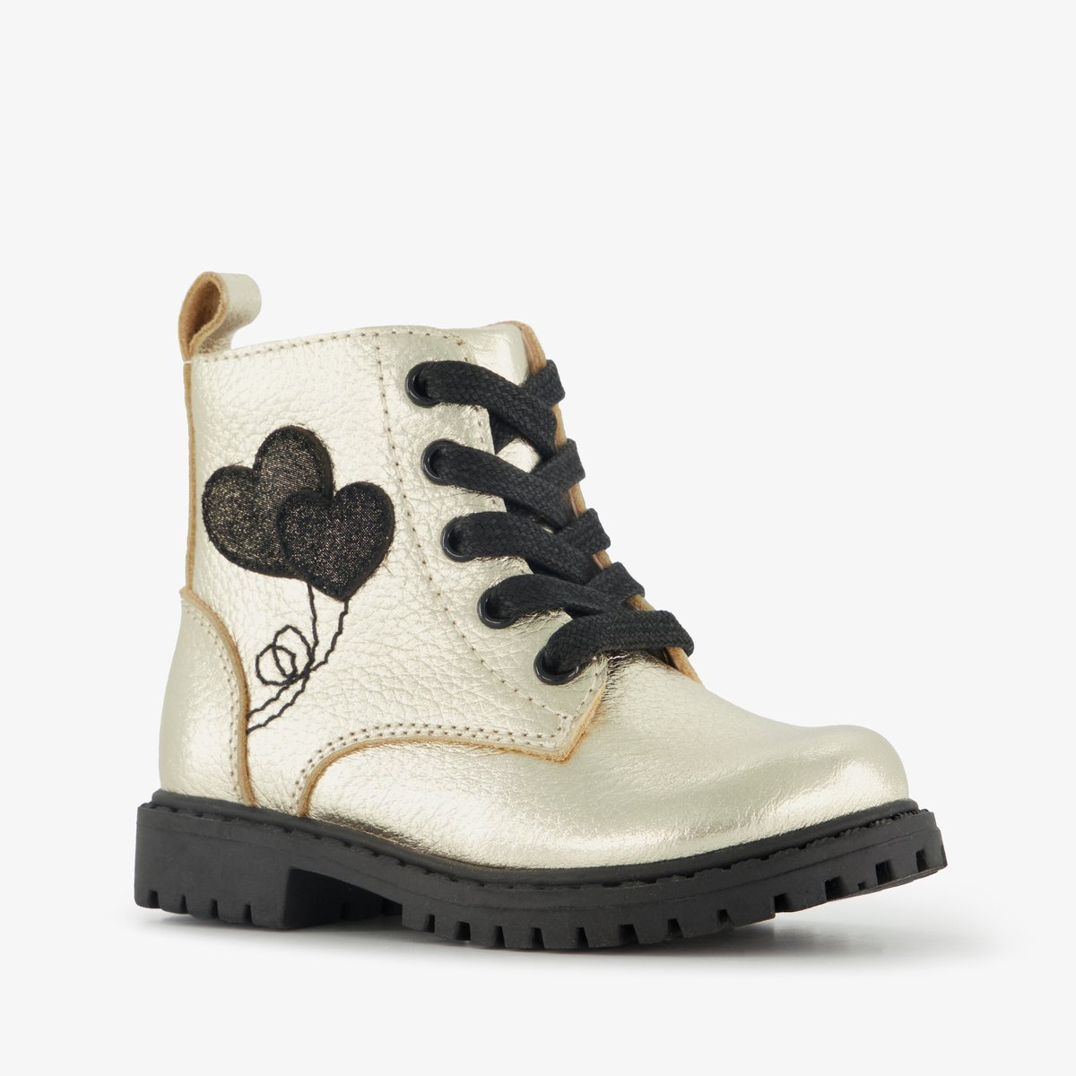 Stap leren meisjes veterboots met hartjes goud zwart - Maat 22