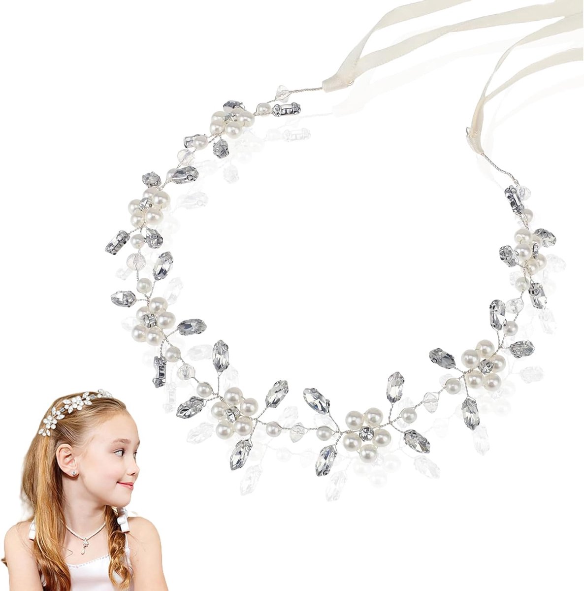 Flower Girl Headdress - Haaraccessoires - Bruiloft - Kristallen Kralen - Eerste Communie - Wit