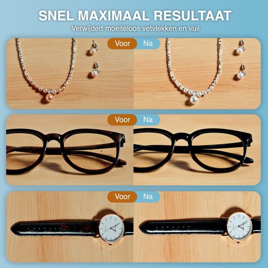 Voor en na foto's van een parelketting, oorbellen, bril en horloge gereinigd in de ultrasone reiniger.