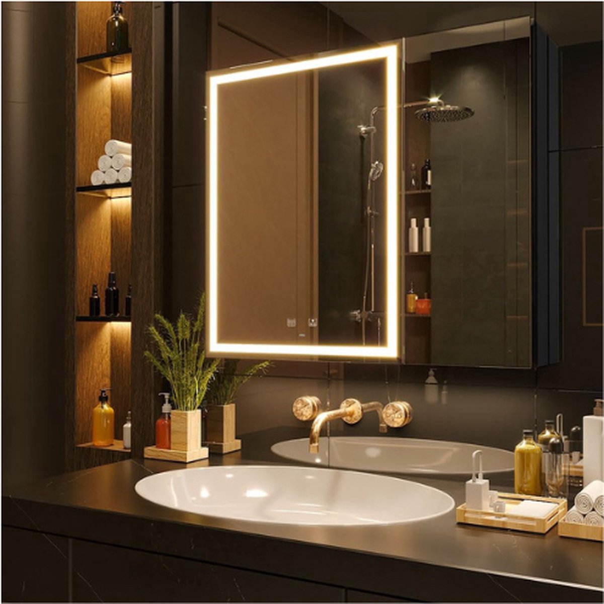 Thuys – LED Spiegel Geneeskunde Kast Met Verlichting – 3 Kleuren Licht Make – Up Spiegel - Stopcontacten & USB – 75 x 70 Cm