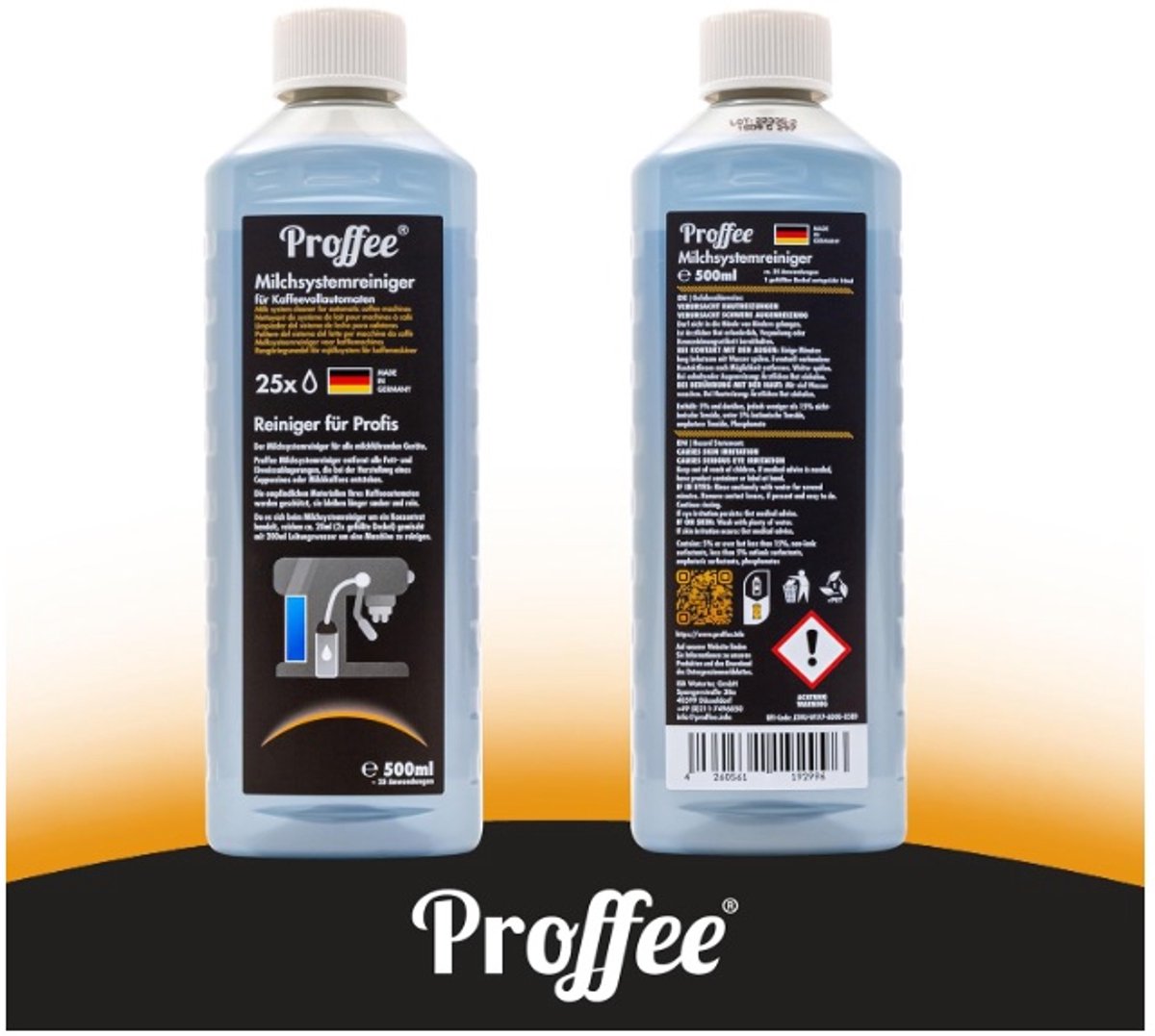 Proffee Melksysteemreiniger 1 fles 500 ml - vloeibaar reinigingsconcentraat - voor melksystemen van volautomatische koffiemachines - melkopschuimers enz. Verwijdert melkresten en afzettingen -Made in Germany- Tot 25 keer reinigen met slechts één fles