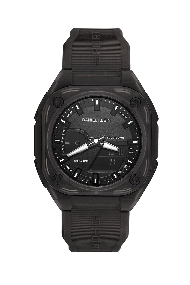 Daniel Klein DK.2328-2 - Horloge -Polshorloge - Analoog - Digitaal- Heren -Mannen - Achthoek- Rubberen band - ABS- Strepen - Reset- 12-24u - Start-Stop- Alarm -Stopwatch - Timer-Datumaanduiding - Achtergrondverlichting - Transparant bruin- Zwart- Wit