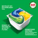 Tablette pour lave-vaisselle Dreft Platinum avec liquide bleu, jaune et vert. Nettoie la machine et les filtres.