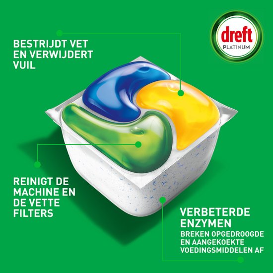 Tablette pour lave-vaisselle Dreft Platinum avec liquide bleu, jaune et vert. Nettoie la machine et les filtres.