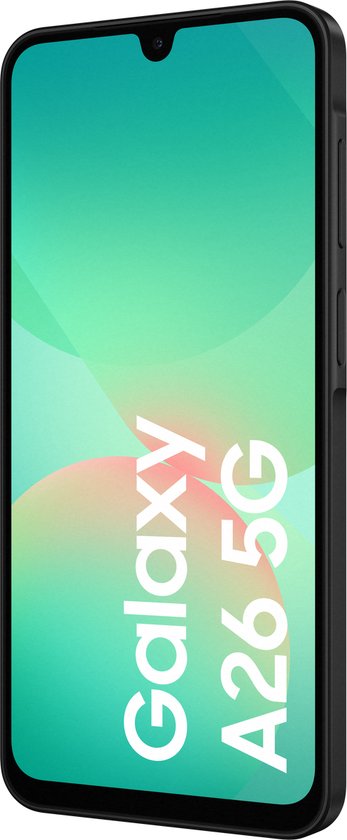 Zijkant van de zwarte Samsung Galaxy A26 5G met lichtgroen en roze achtergrond.