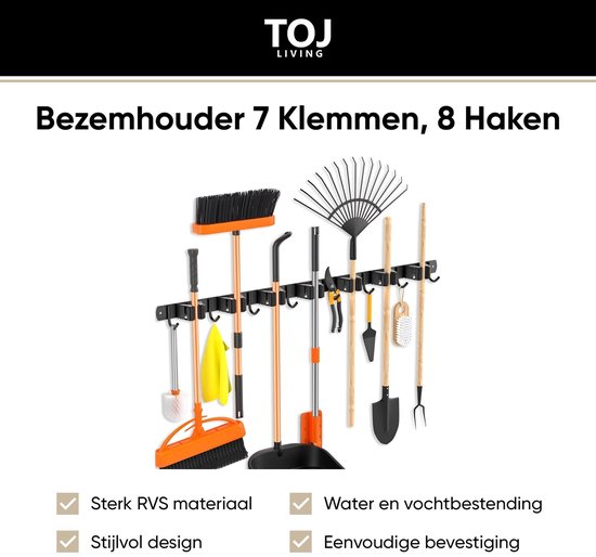 TOJ Bezemhouder - Tuingereedschap / Bezem Ophangsysteem - Gereedschapshouder - 7 Houders & 8 Haken - 82CM - RVS - Mat Zwart van TOJ — afbeelding 3
