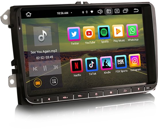 Touchscreen autoradio met apps zoals Twitter, YouTube, Spotify, Netflix, TikTok.