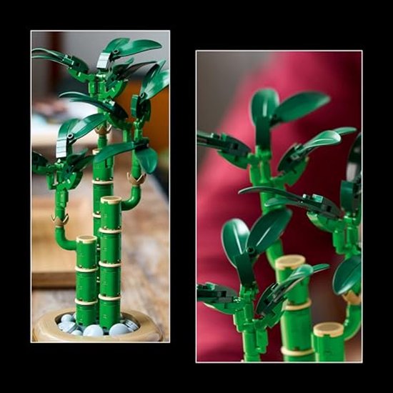 Deux gros plans d'une plante de bambou LEGO verte, tiges et feuilles.