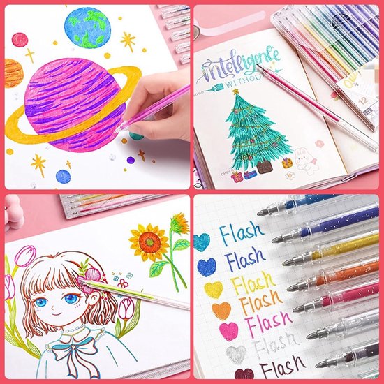 LUZOON Super metallic stiften, 12 kleuren glitterstiften, neon gelpen, glitter, acrylstiften voor wit papier, wenskaarten, bullet journal, doe-het-zelf fotoalbum, gastenboek, scrapbook, 1 mm punt fijn