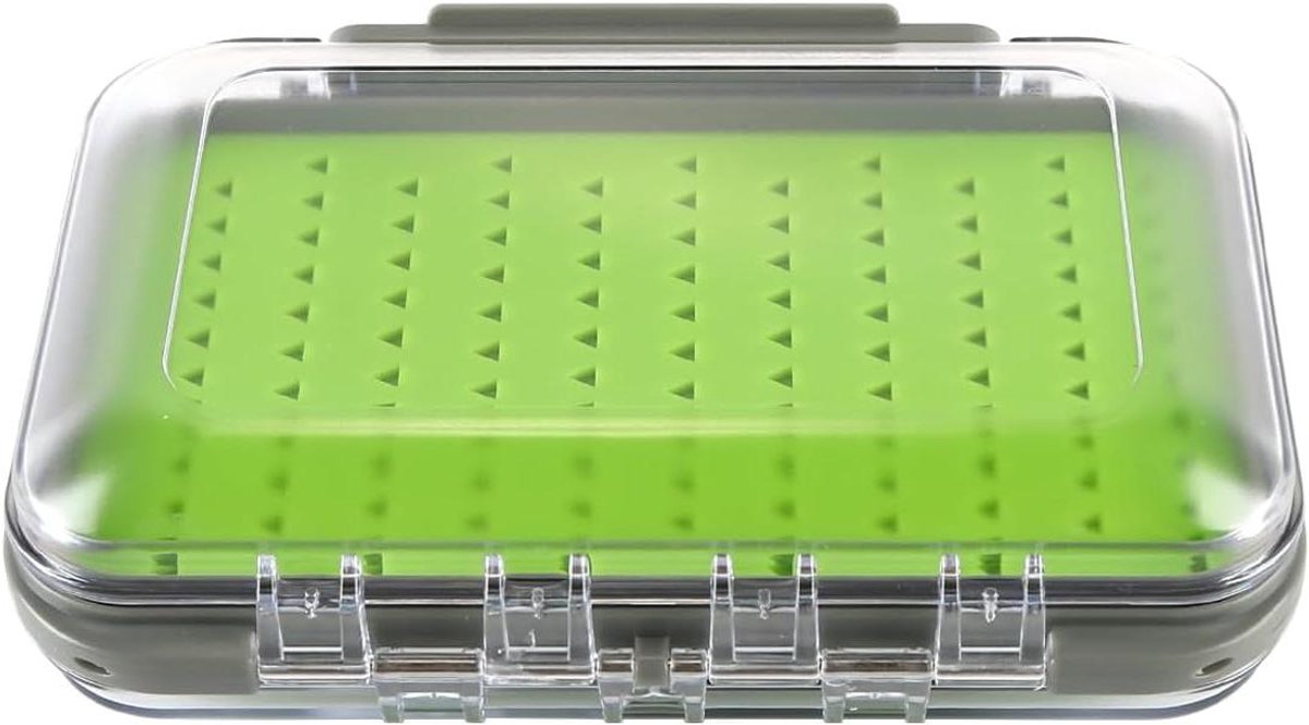 Allecto Plus - Waterdichte vliegvisdoos met groene schuimvoering - Dubbelzijdig - 15 x 97 x 45 cm - Drijvend - Voor visgerei - Transparant