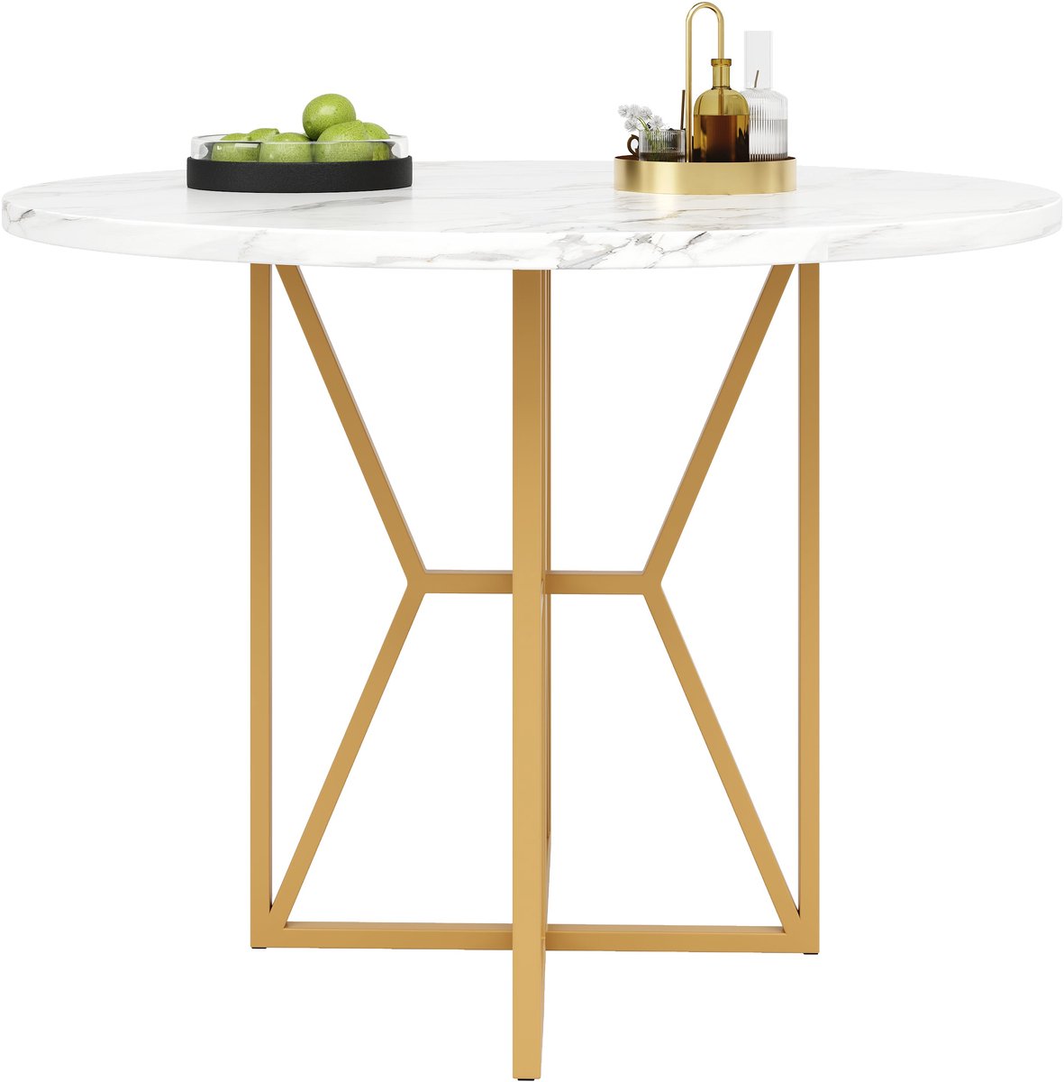 Merax Ronde Eettafel 80x80x76 cm Wit MDF Marmerlook Tafelblad met Gouden Poten - Voor 4 tot 6 Personen