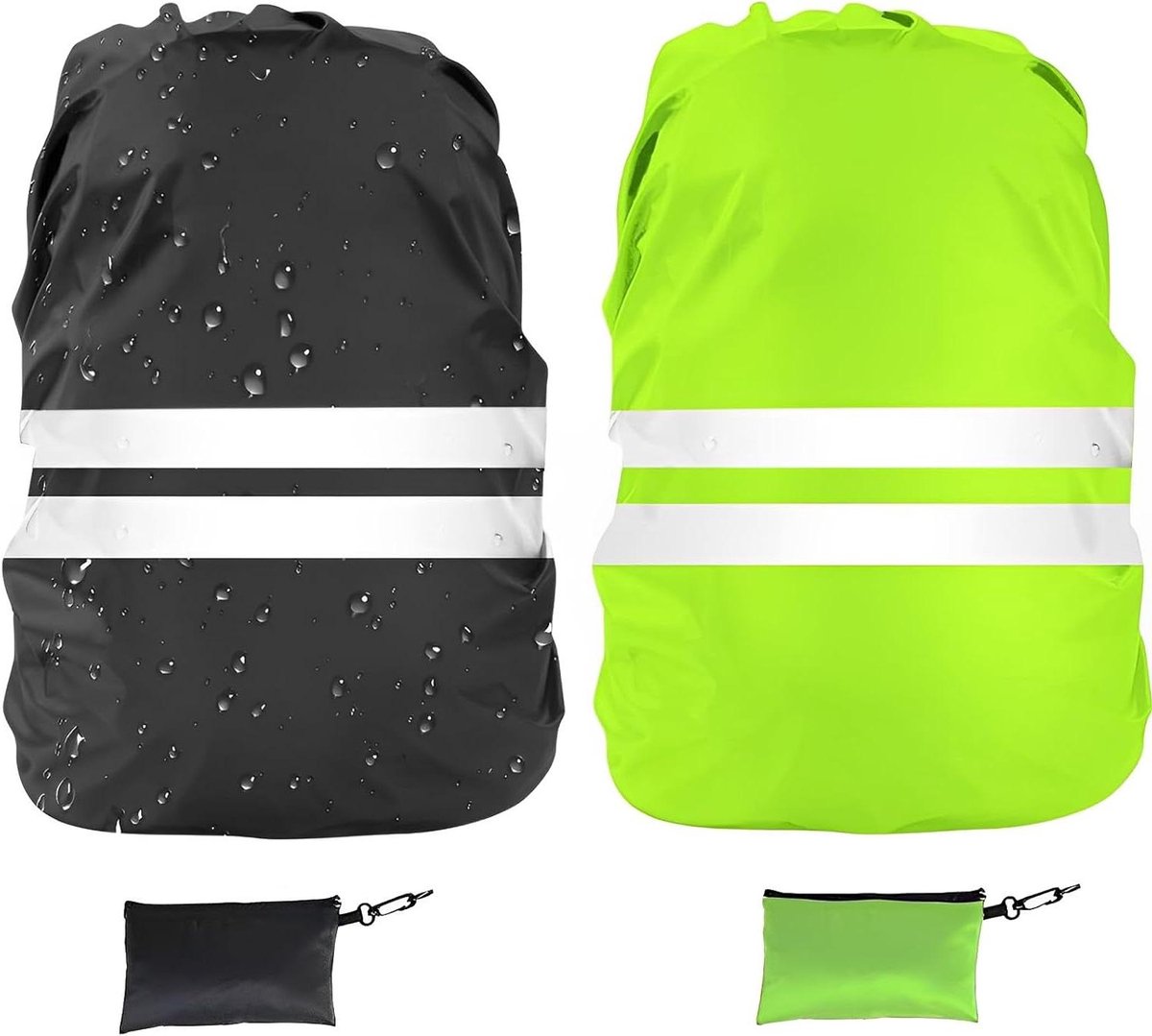 2 stuks regenhoezen voor schooltassen 18-30 liter - regenbescherming rugzak - stapsgewijze regenhoes met reflectoren - zwart + groen - ideaal voor fietsers