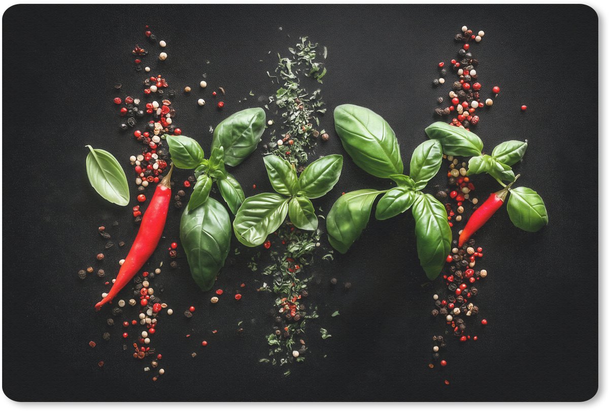 Muismat 27x18 cm - Mousepad Chilipepers - Basilicum - Blaadjes - Rood - Muismatten