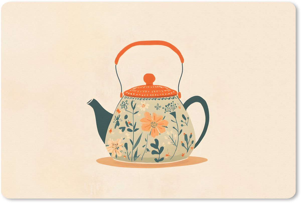 Muismat 27x18 cm - Mousepad Oranje - Theepot - Bloemen - Bladeren - Muismatten