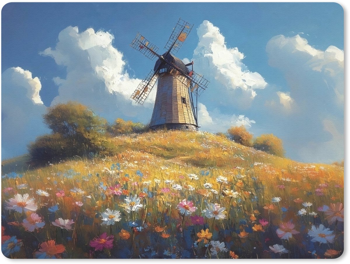 Muismat 23x19 cm - Mousepad Windmolen - Heuvel - Bloemen - Kleurrijk - Muismatten