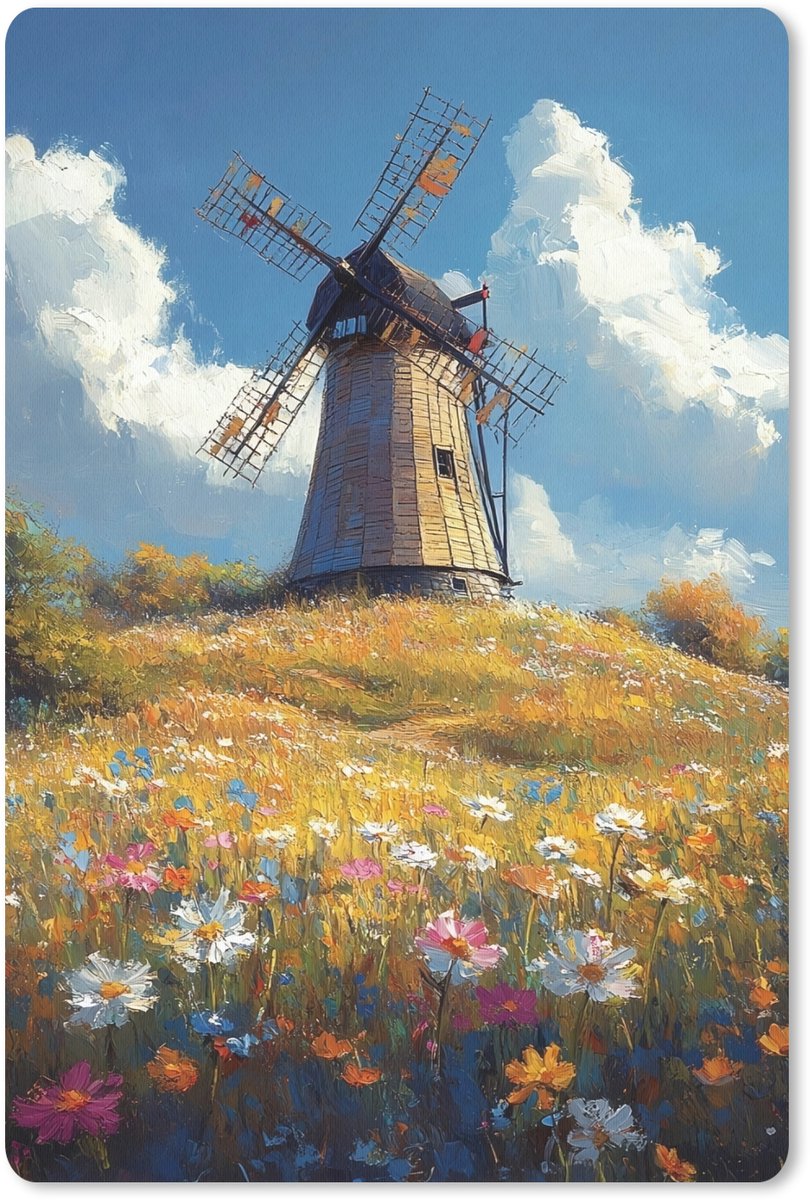Muismat 18x27 cm - Mousepad Windmolen - Heuvel - Bloemen - Kleurrijk - Muismatten