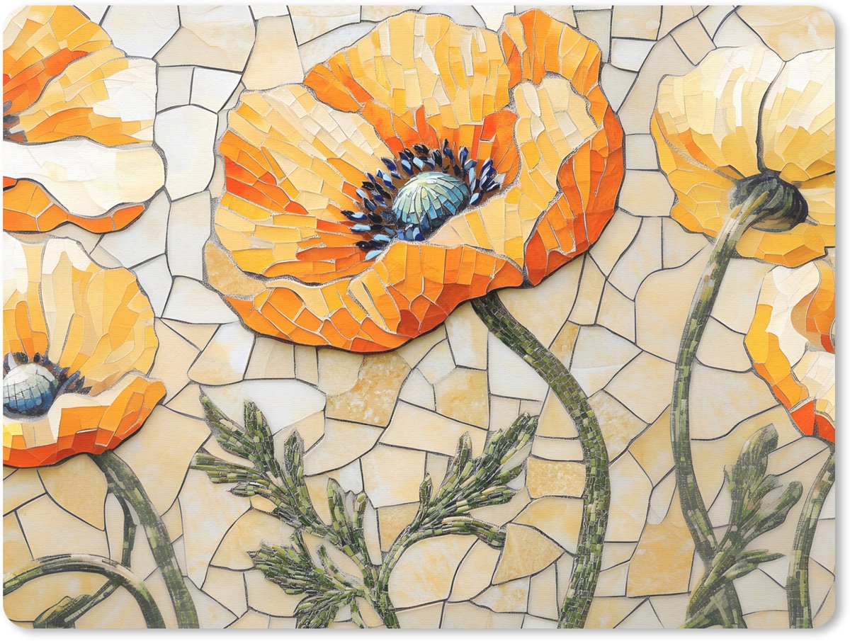 Muismat 23x19 cm - Mousepad Klaprozen - Oranje - Mozaïek - Bladeren - Muismatten