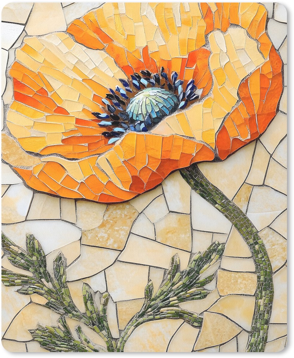 Muismat 19x23 cm - Mousepad Klaprozen - Oranje - Mozaïek - Bladeren - Muismatten