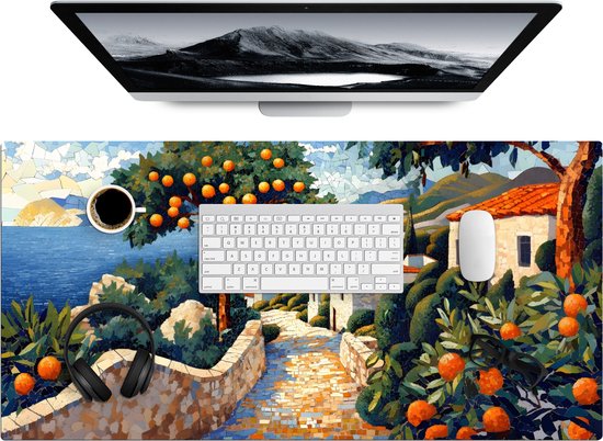 Bureau onderlegger 90x45 cm - Muismat Huizen - Mozaïek - Sinaasappelbomen - Zee - Bureaumat - Mousepad XXL - Bureau mat - Muismatten groot - Desk organizer - Bureaulegger