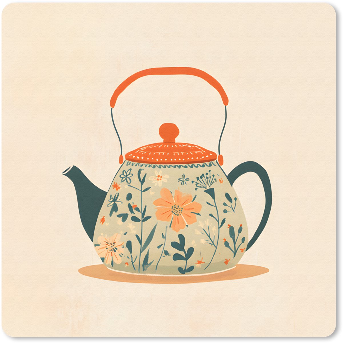 Muismat 30x30 cm - Mousepad Oranje - Theepot - Bloemen - Bladeren - Muismatten