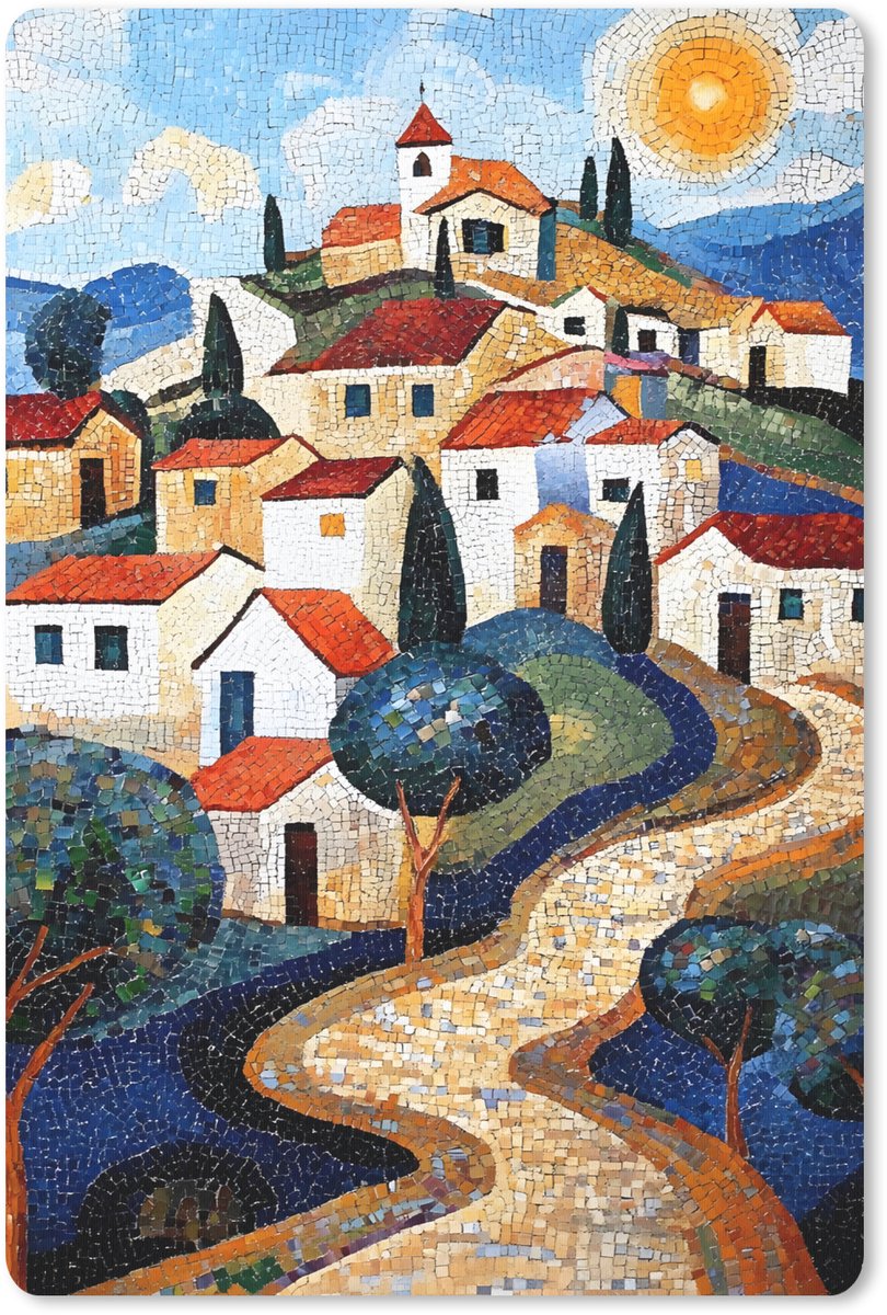 Muismat 18x27 cm - Mousepad Dorp - Heuvelachtig - Zon - Mozaïek - Muismatten