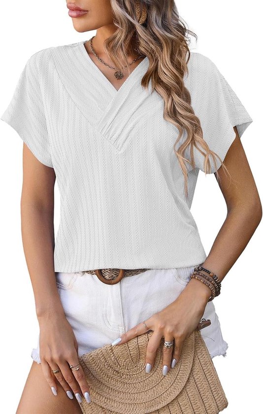 WNEEDU Korte mouwen T-shirts met bloemblaadjes voor dames Zomer Elegant Casual Blouses V-hals Top Shirt WNEEDU Korte mouwen T-shirts met bloemblaadjes voor dames Zomer Elegant Casual Blouses V-hals Top Shirt
