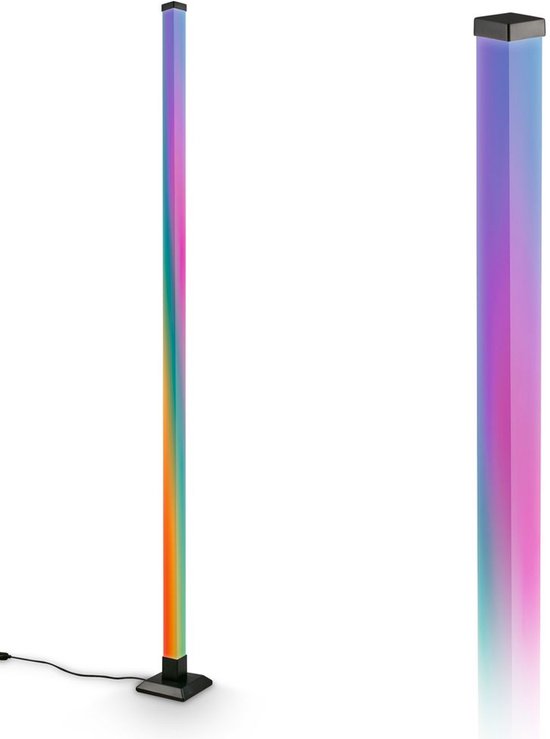 BRILONER Flash – RGB IC Vloerlamp – dimbaar – met afstandsbediening – dynamische kleurverandering & neutraal witte lichtkleur – muziekfunctie – zwarte staande lamp – gekleurd licht - h: 150 cm
