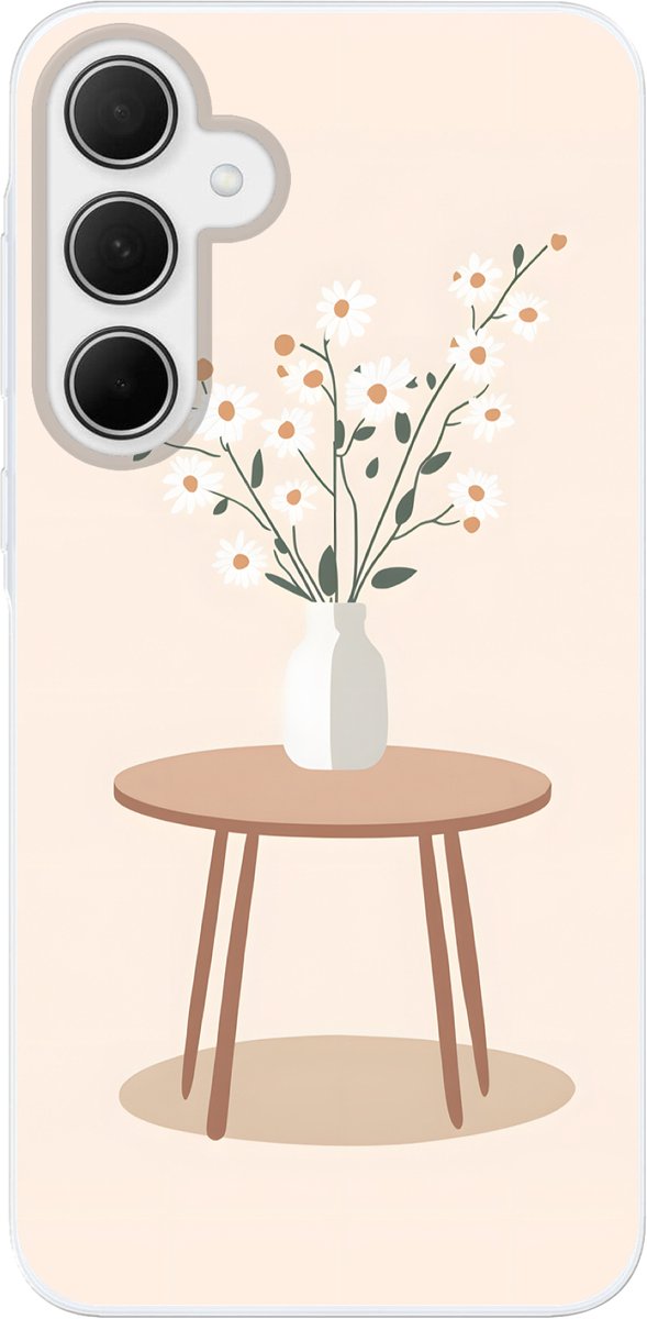 Telefoonhoesje Geschikt voor Samsung Galaxy A35 hoesje - Vaas - Bloemen - Madeliefjes - Beige - Siliconen Telefoonhoesje Telefoonhoesje