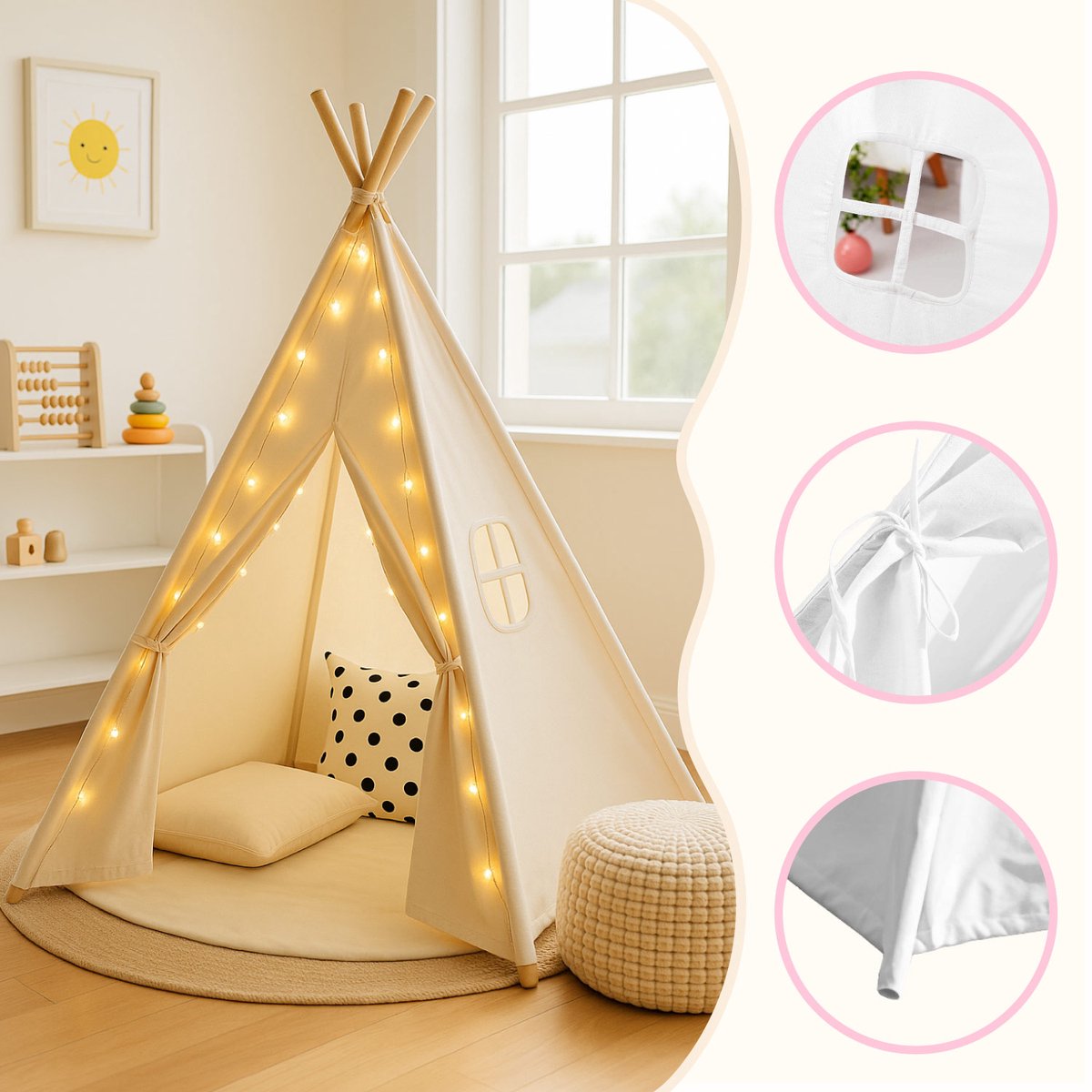ZoeZo Design - Tipi Tent - Off-White - voor Kinderen - 100% Katoen - Wigwam Speeltent - Kindertent - Speeltent - Tipitent Speelhuis - 120x120x150cm — afbeelding 7