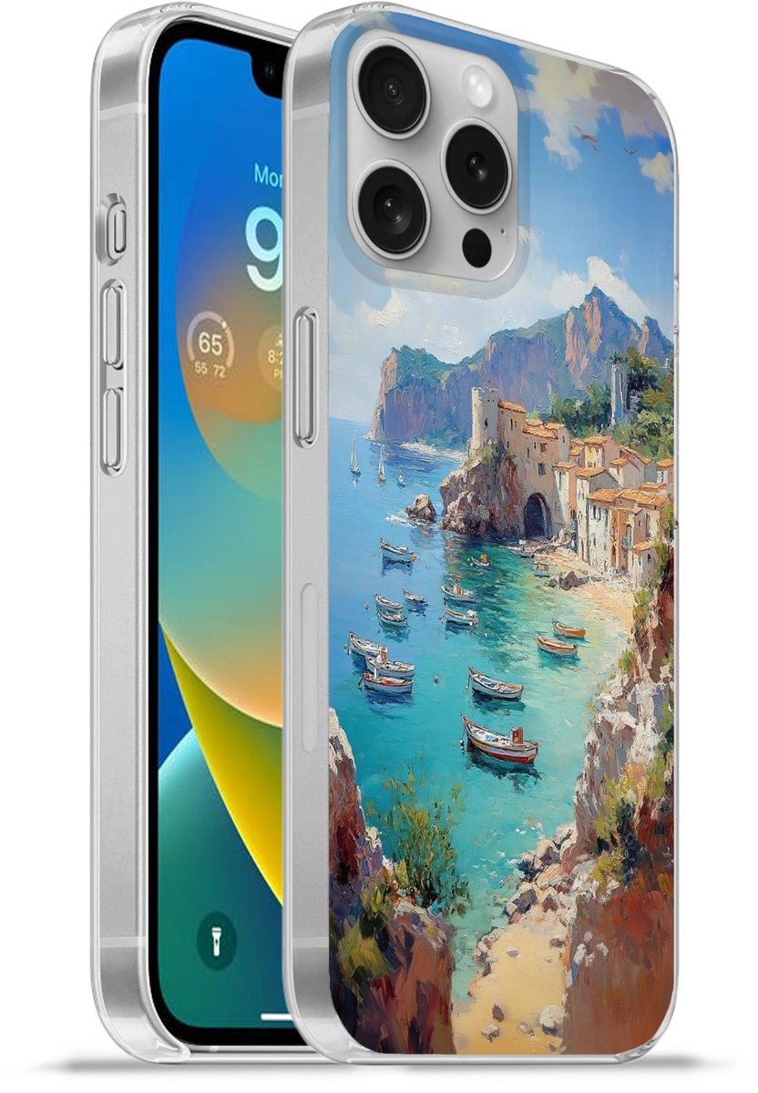 Telefoonhoesje Geschikt voor Apple Iphone 16 Pro Max hoesje - Kustdorp - Schilderij - Rotsen - Boten - Siliconen Telefoonhoesje Telefoonhoesje