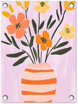 Tuinposter 30x40 cm - Tuindecoratie Vaas - Gestreept - Bloemen - Oranje - Poster voor in de tuin - Buiten decoratie - Schutting tuinschilderij - Tuindoek muurdecoratie - Wanddecoratie balkondoek