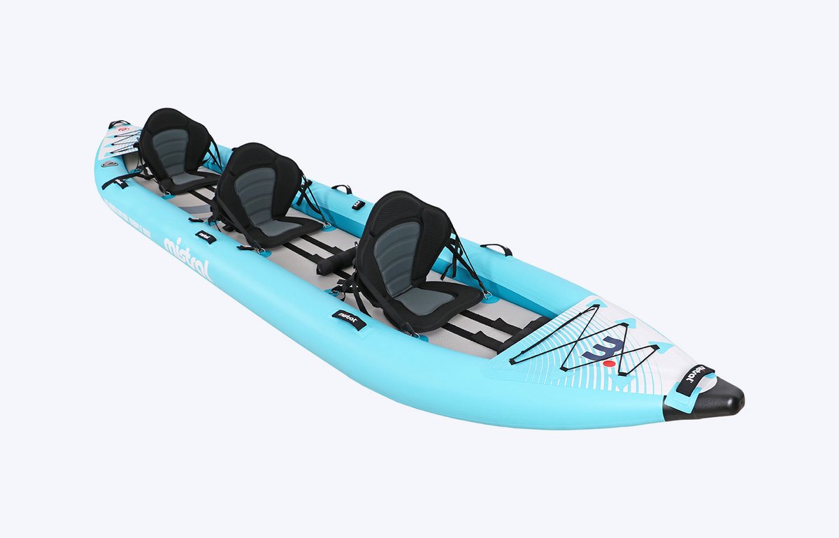 Mistral Island Kayak Triple Air | Opblaasbare Kajak | 3-Persoons Kajak | 382 x 91,5 cm | Max. 230 kg | Stabiel en Ruim | Incl. 3 Peddels, 3 Stoelen, Pomp, Vin en Tas | Voor Familie en Toertochten